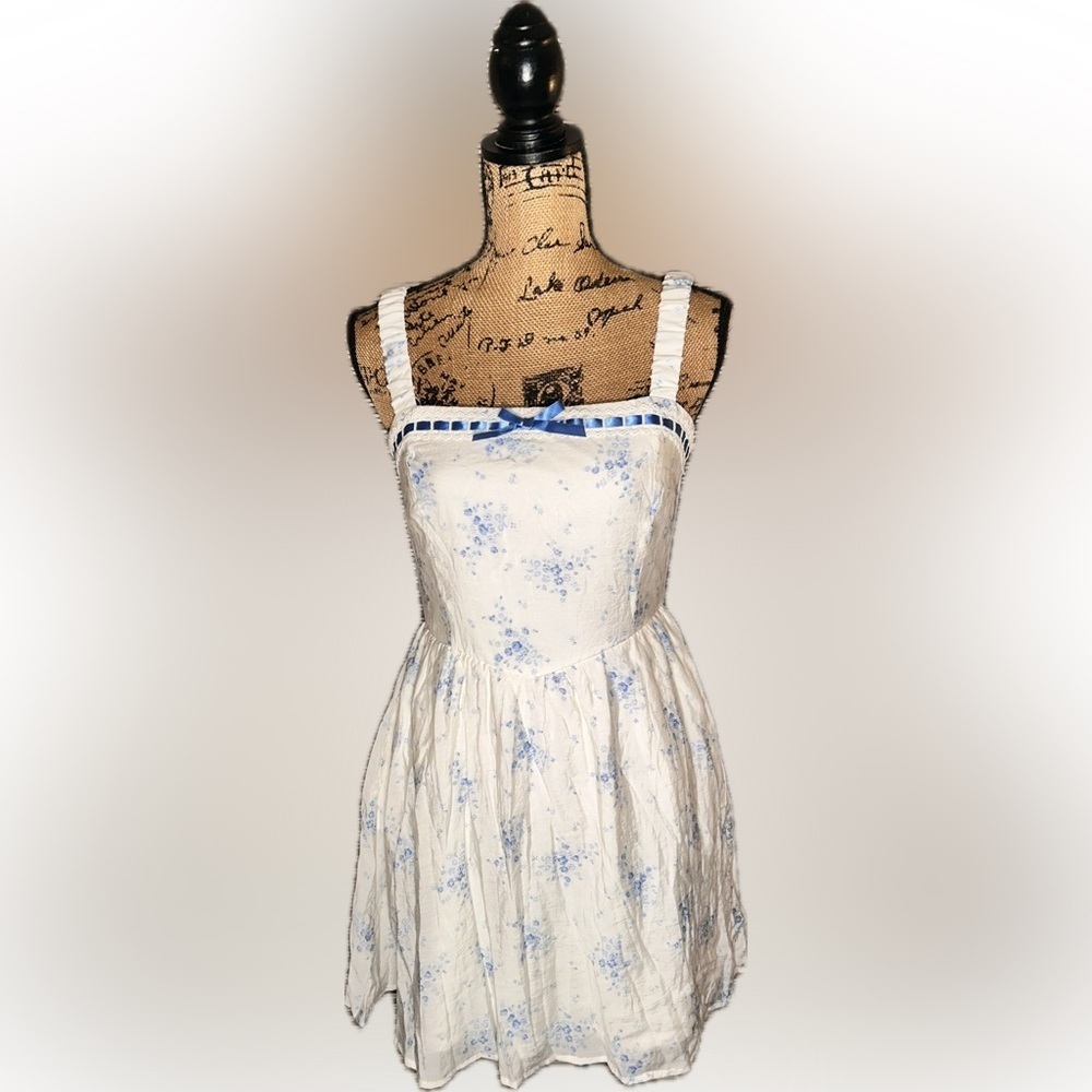 NWT As U Wish White Blue Dainty Cottagecore Ribbon Bow Lace Floral Mini Dress M